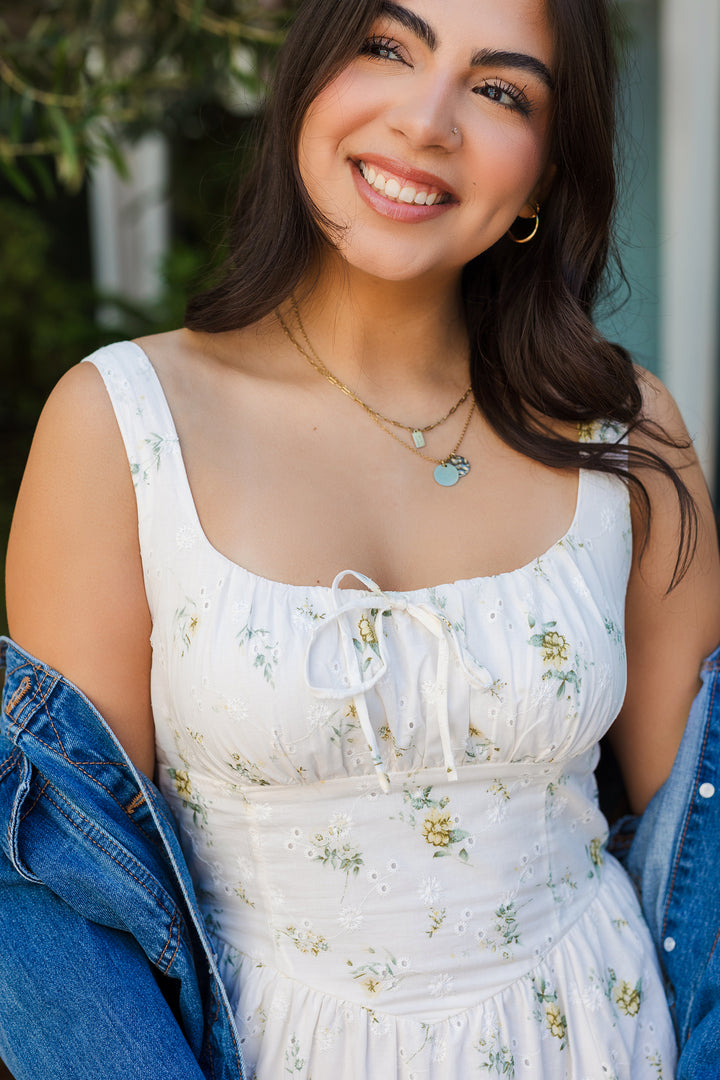 The Already Sunday Floral Eyelet Corset Midi Dress