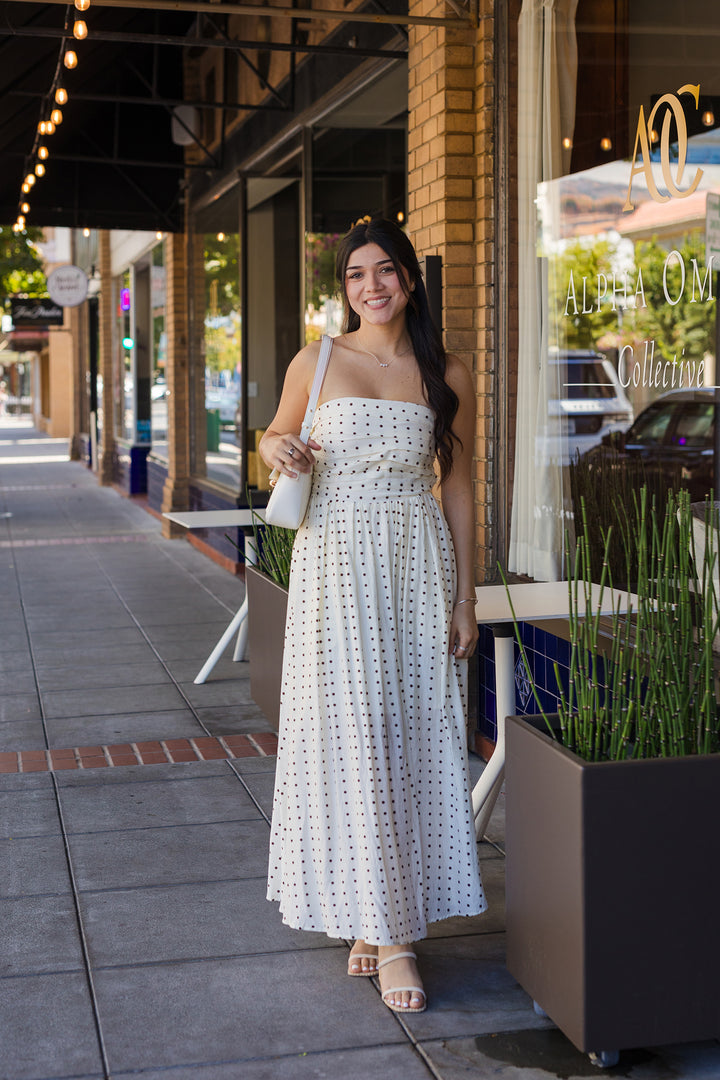 The In My Dreams Strapless Polka Dot Maxi Dress