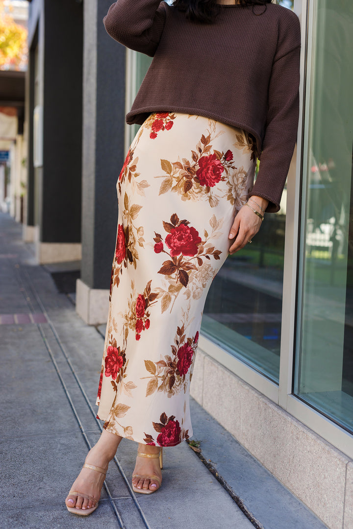 The October Rose Satin Midi Skirt