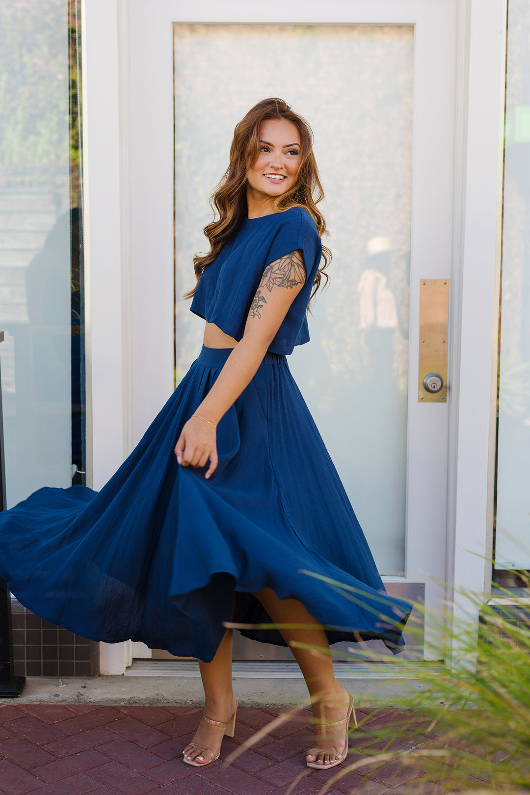 The Cassie Linen Two Piece Top & Midi Skirt Set
