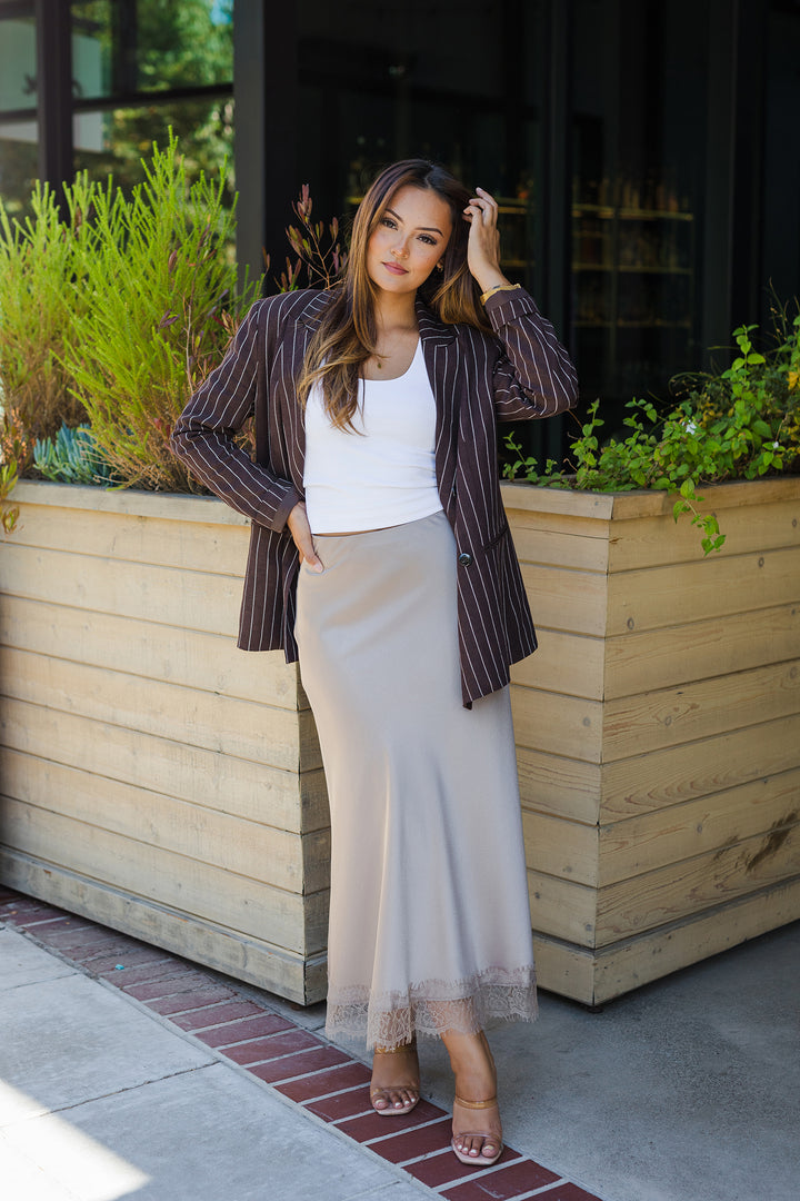 The Lorelai Lace Trim Satin Skirt