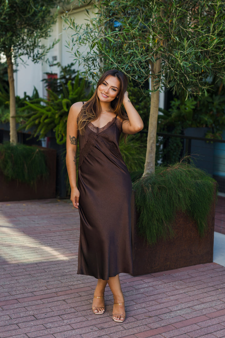 The Caroline Lace Detailed Midi Satin Dress