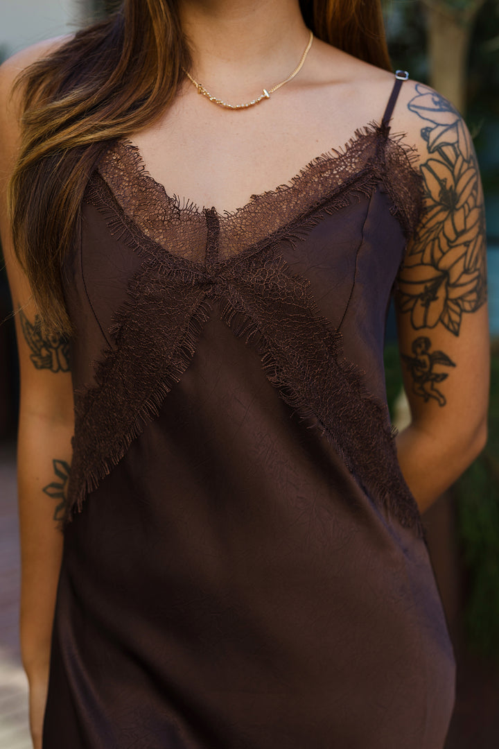 The Caroline Lace Detailed Midi Satin Dress