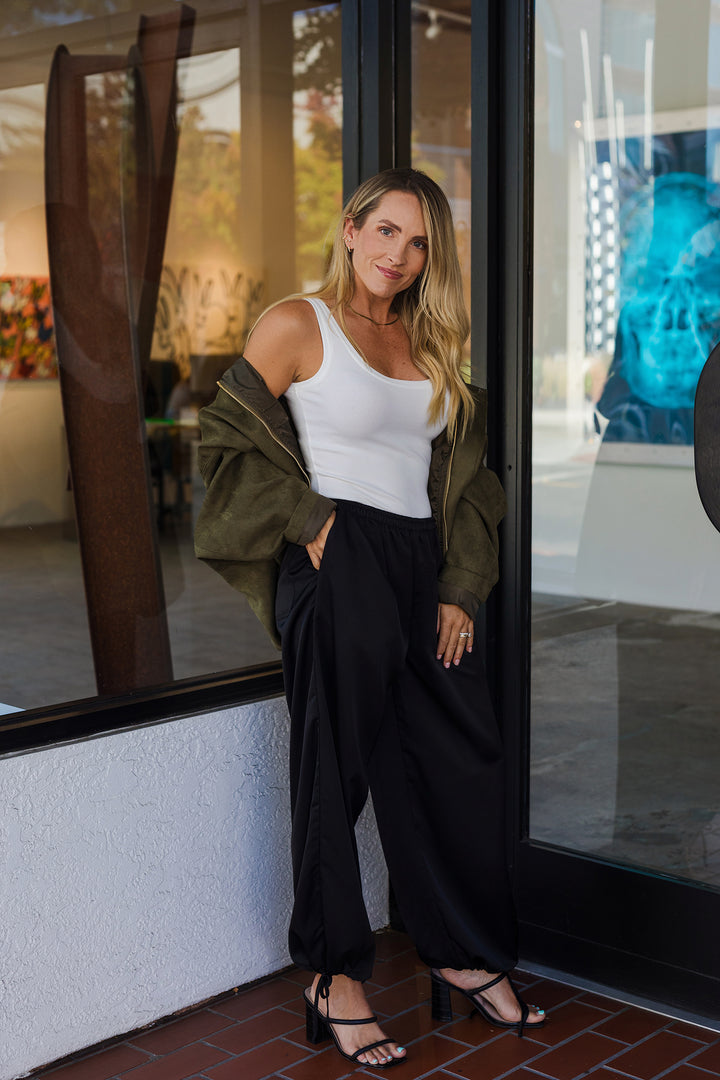 The Elle Black Satin Balloon Hem Pants