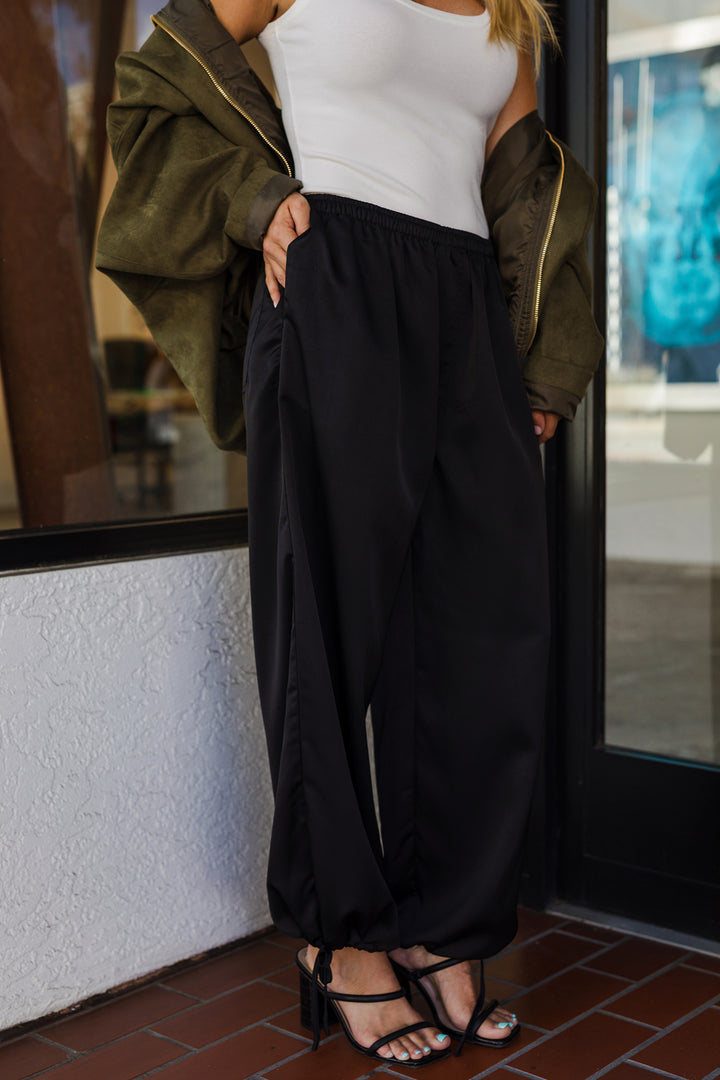 The Elle Black Satin Balloon Hem Pants