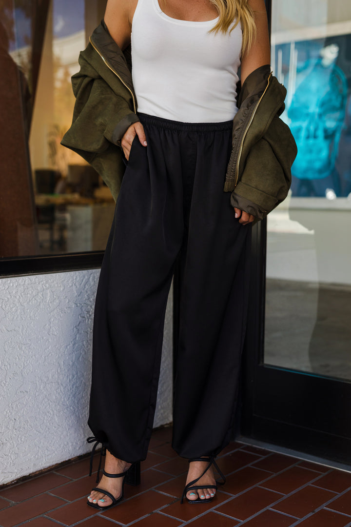 The Elle Black Satin Balloon Hem Pants