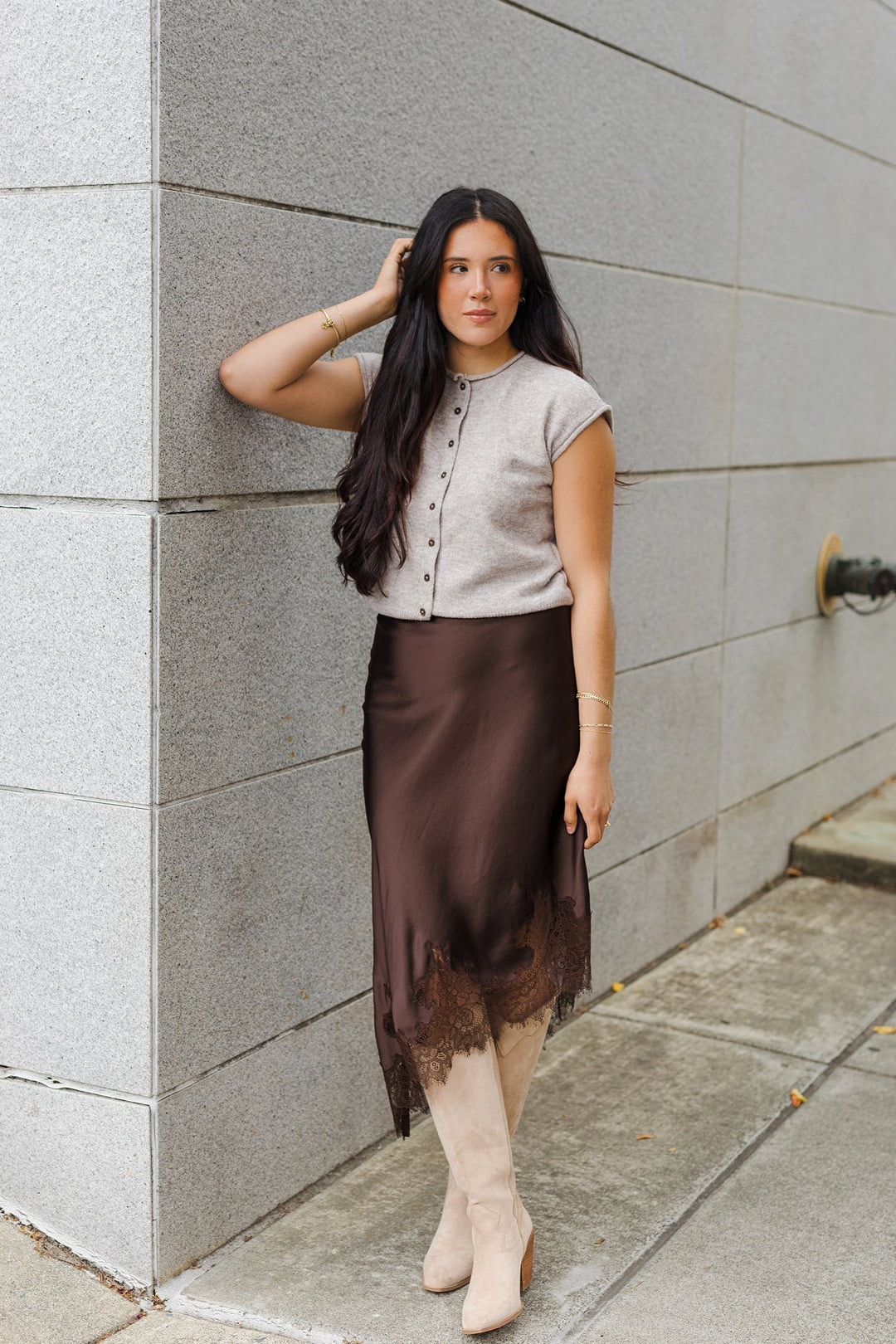 The City Stroll Lace Hem Midi Skirt