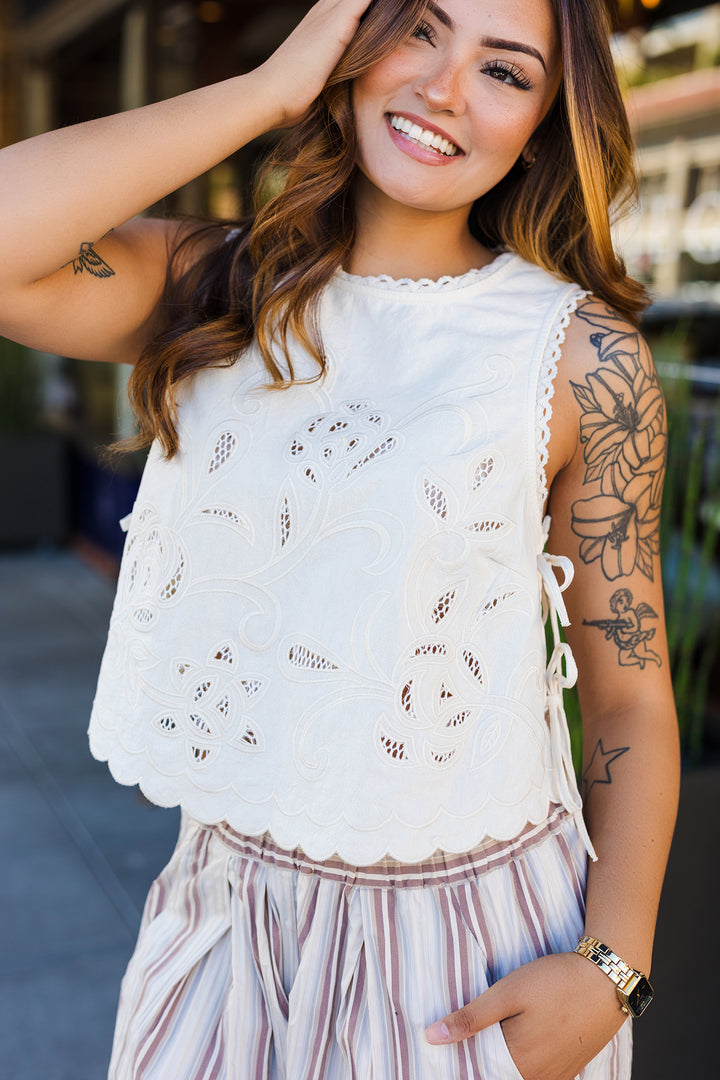 The Remi Floral Embroidered Side Tie Top