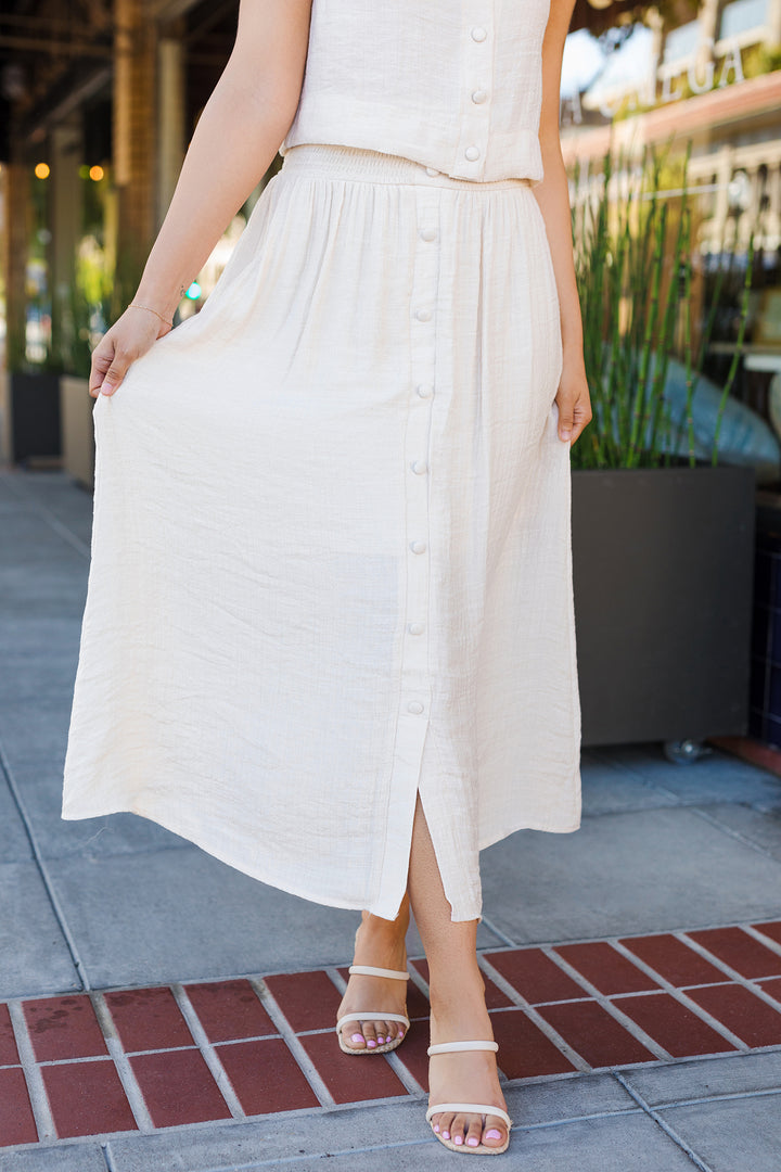 The Weekend Recap Button Front Midi Skirt