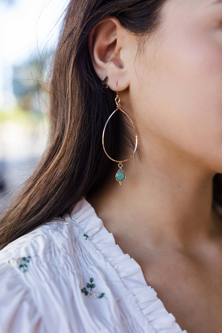 The Large Gold Teardrop Hoop Earrings with Stone Drop