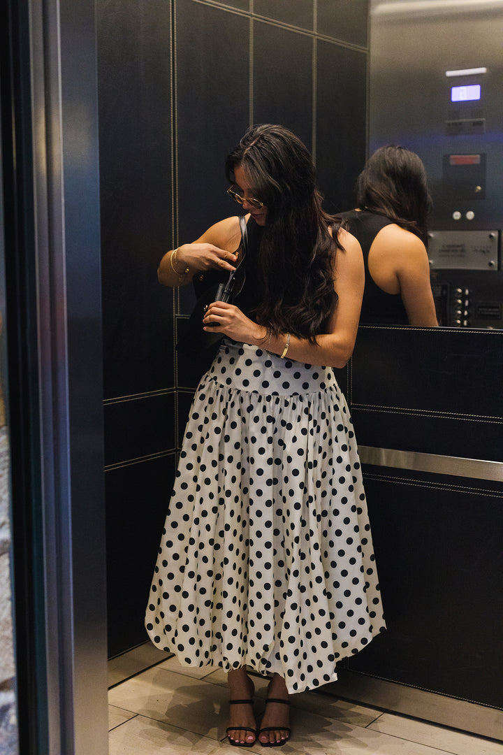 The It Girl Polka Dot Bubble Hem Midi Skirt