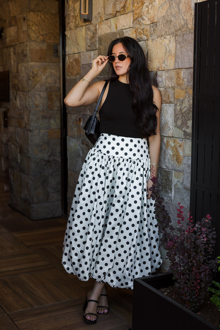 The It Girl Polka Dot Bubble Hem Midi Skirt