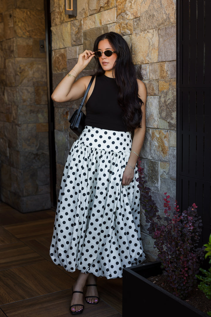 The It Girl Polka Dot Bubble Hem Midi Skirt