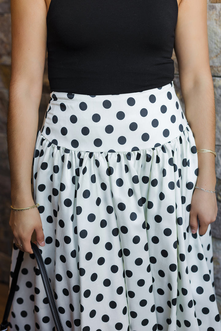 The It Girl Polka Dot Bubble Hem Midi Skirt