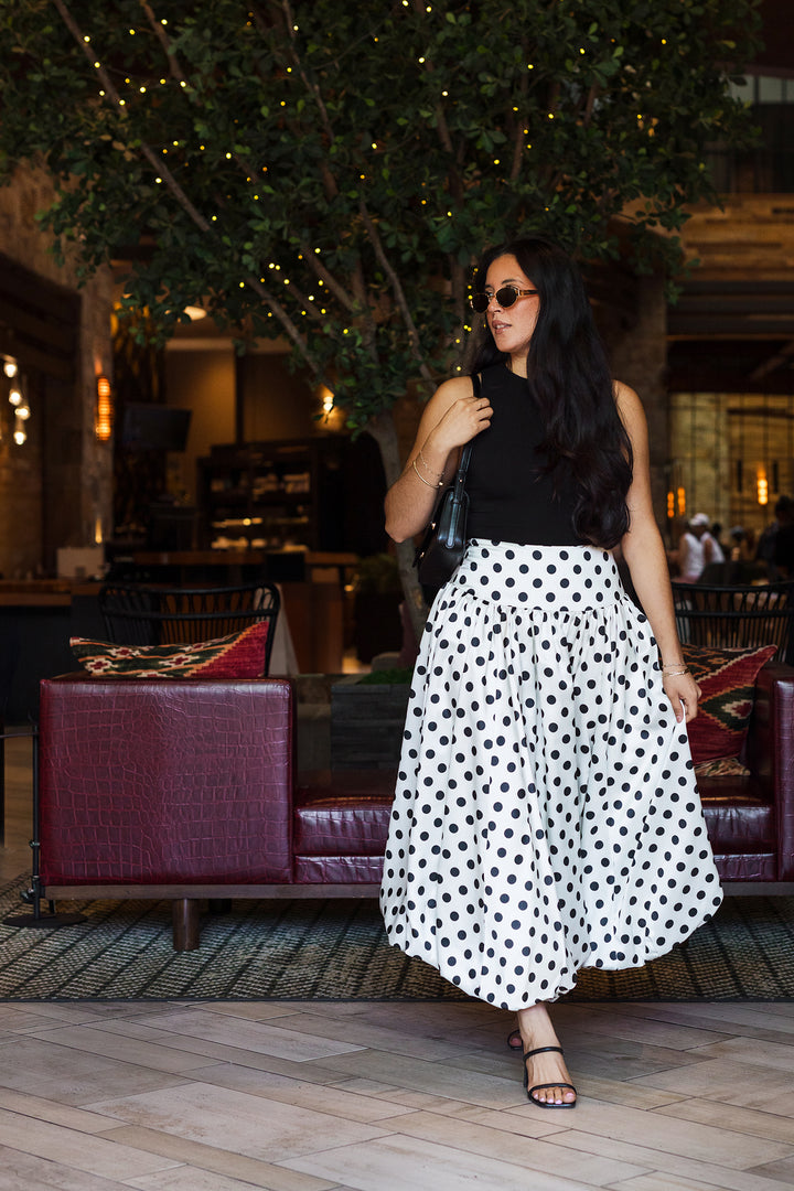 The It Girl Polka Dot Bubble Hem Midi Skirt