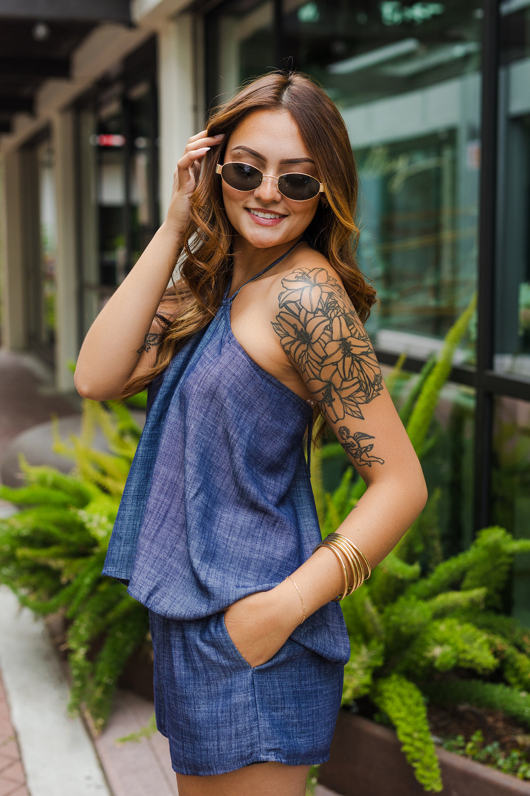 The Catch Me If You Can Halter Denim Short Set