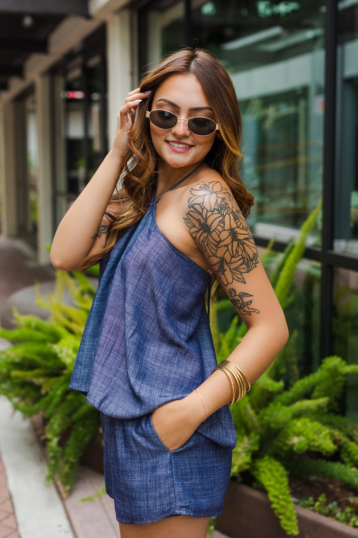 The Catch Me If You Can Halter Denim Short Set