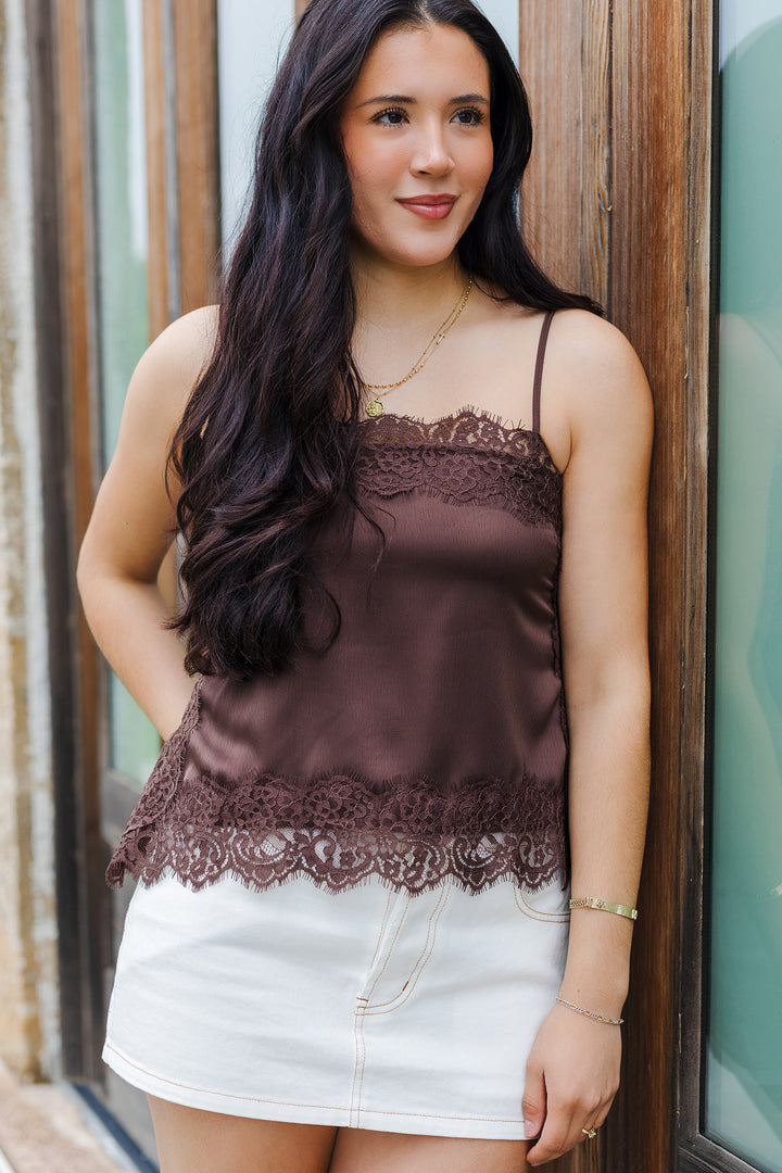 The Midnight Espresso Satin And Lace Cami