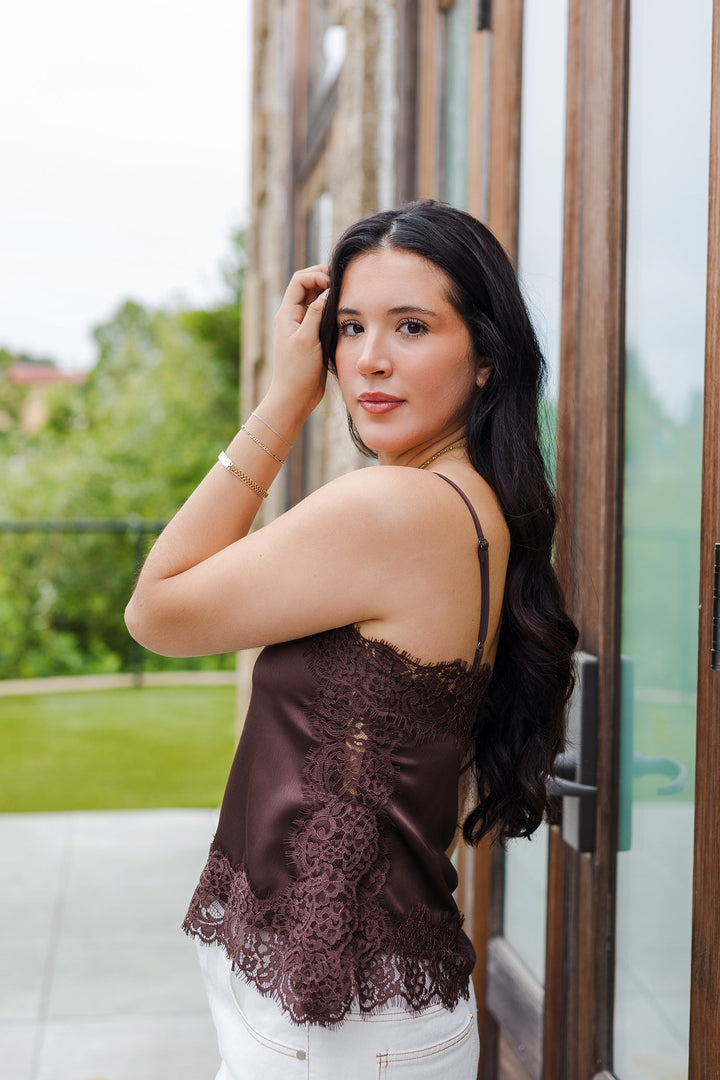 The Midnight Espresso Satin And Lace Cami