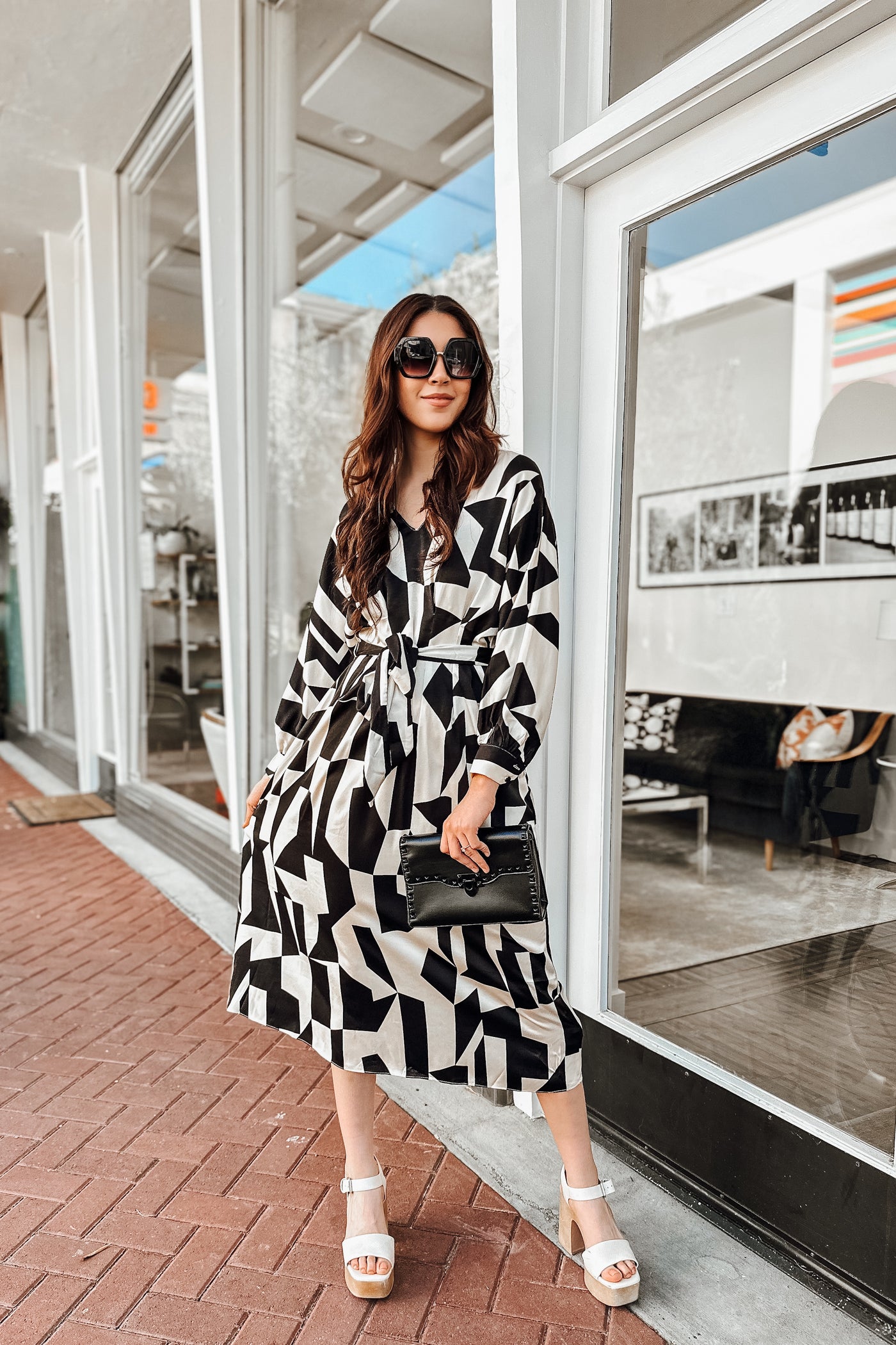 The Black or White Geometric Print Satin Midi Dress