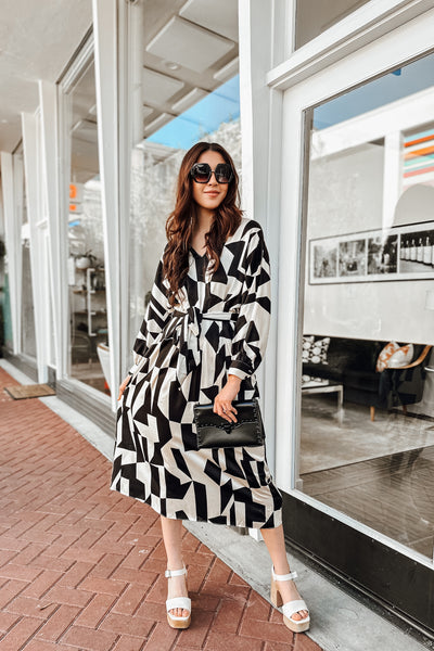 The Black or White Geometric Print Satin Midi Dress