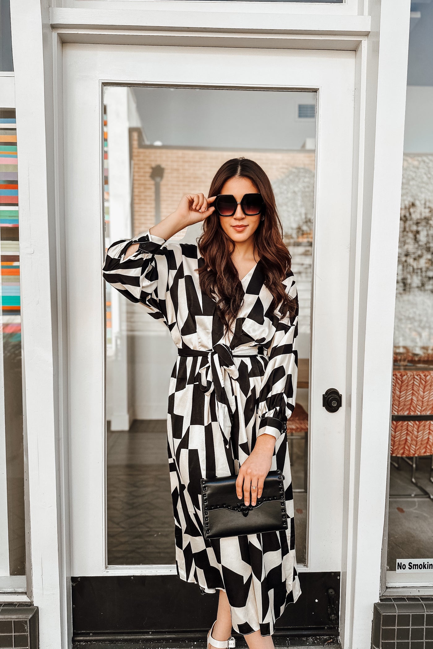 The Black or White Geometric Print Satin Midi Dress