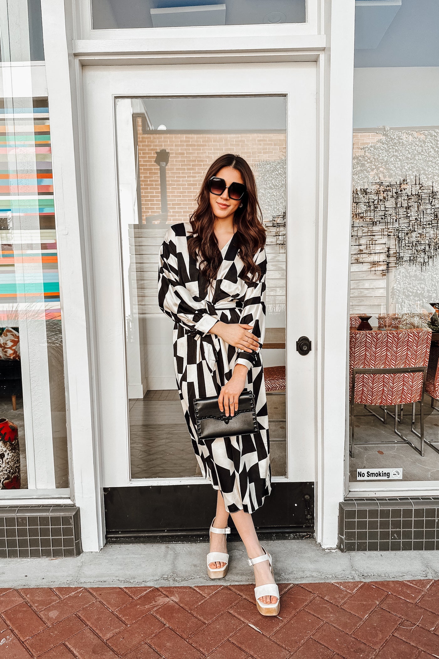 The Black or White Geometric Print Satin Midi Dress