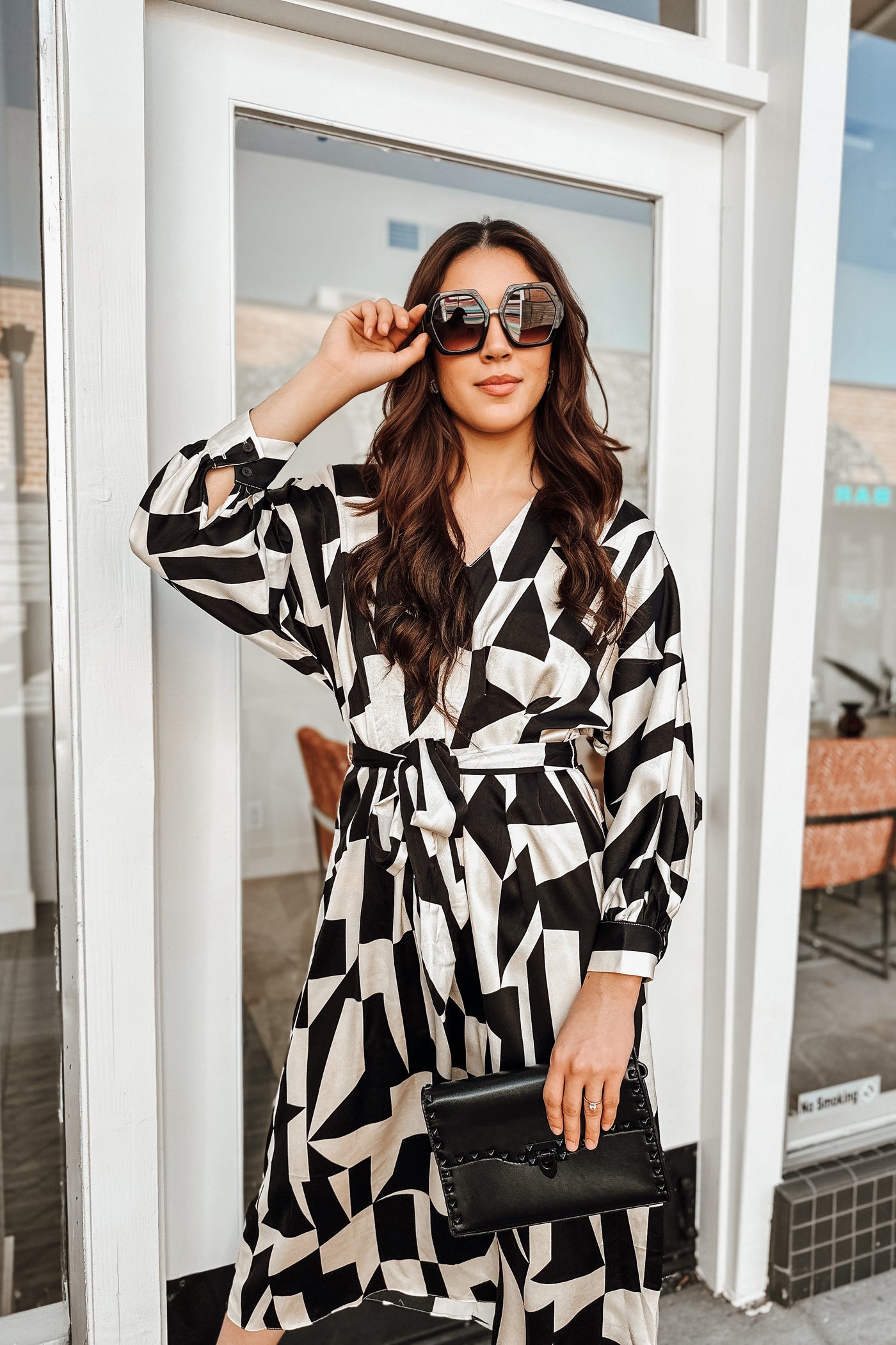 The Black or White Geometric Print Satin Midi Dress