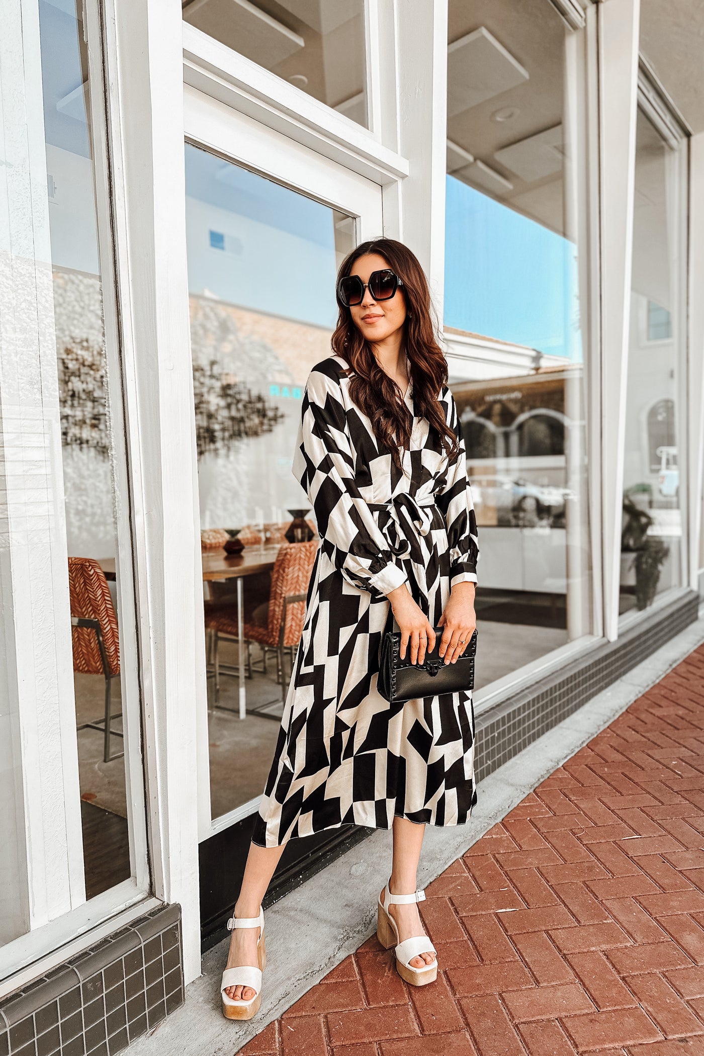 The Black or White Geometric Print Satin Midi Dress