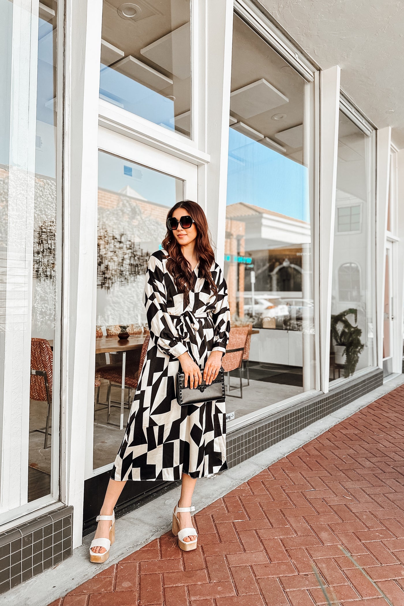 The Black or White Geometric Print Satin Midi Dress