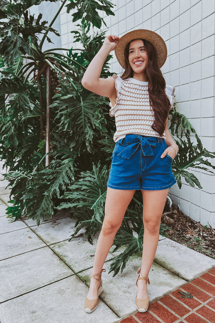 The Brown Sugar White and Tan Stripe Short Sleeve Top