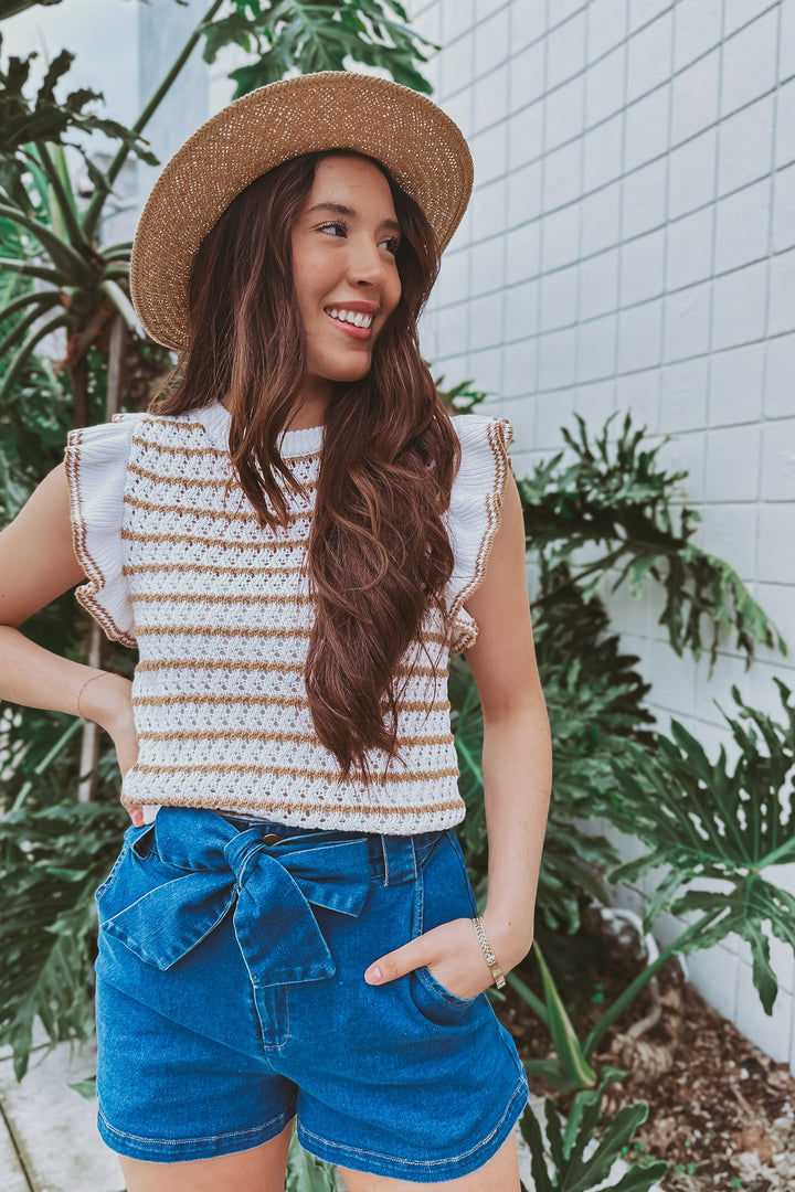 The Brown Sugar White and Tan Stripe Short Sleeve Top