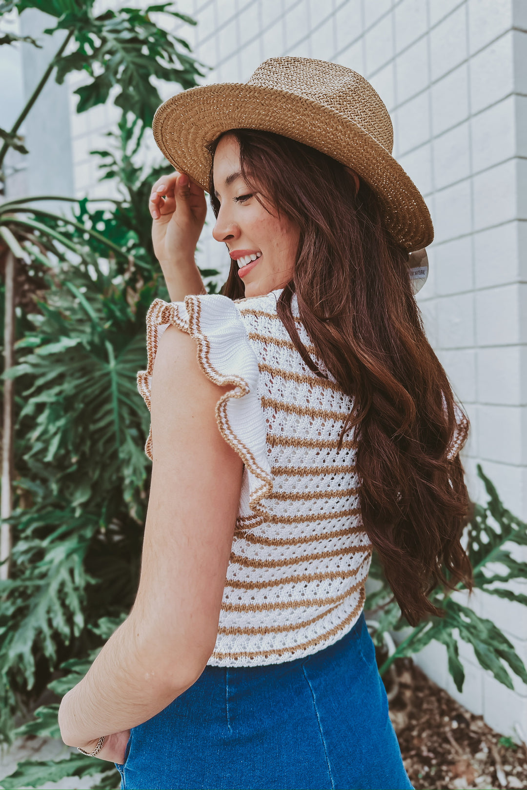 The Brown Sugar White and Tan Stripe Short Sleeve Top