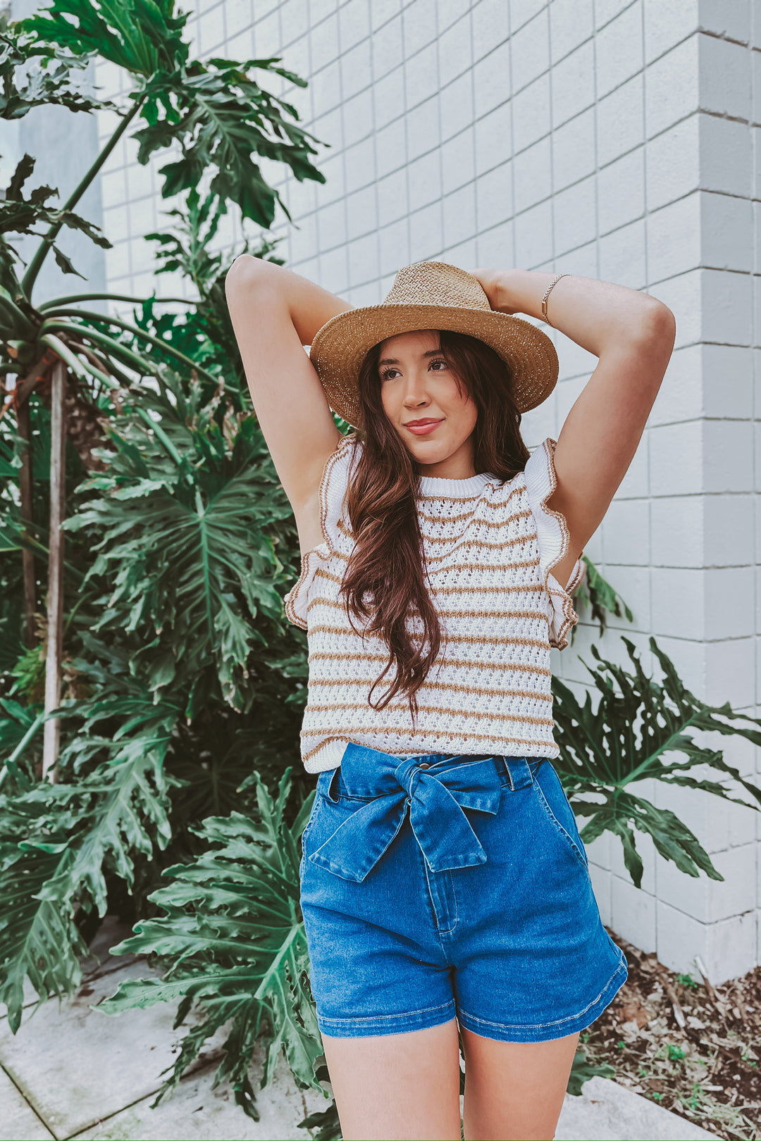 The Brown Sugar White and Tan Stripe Short Sleeve Top