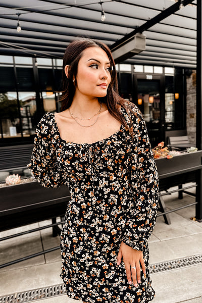 The Back in the Game Black Floral Print Long Sleeve Mini Dress