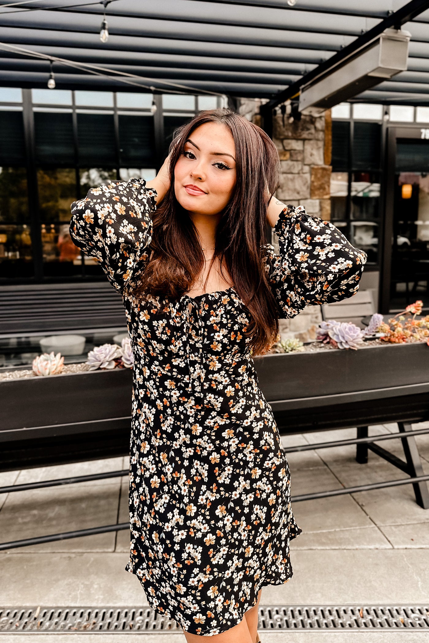 The Back in the Game Black Floral Print Long Sleeve Mini Dress