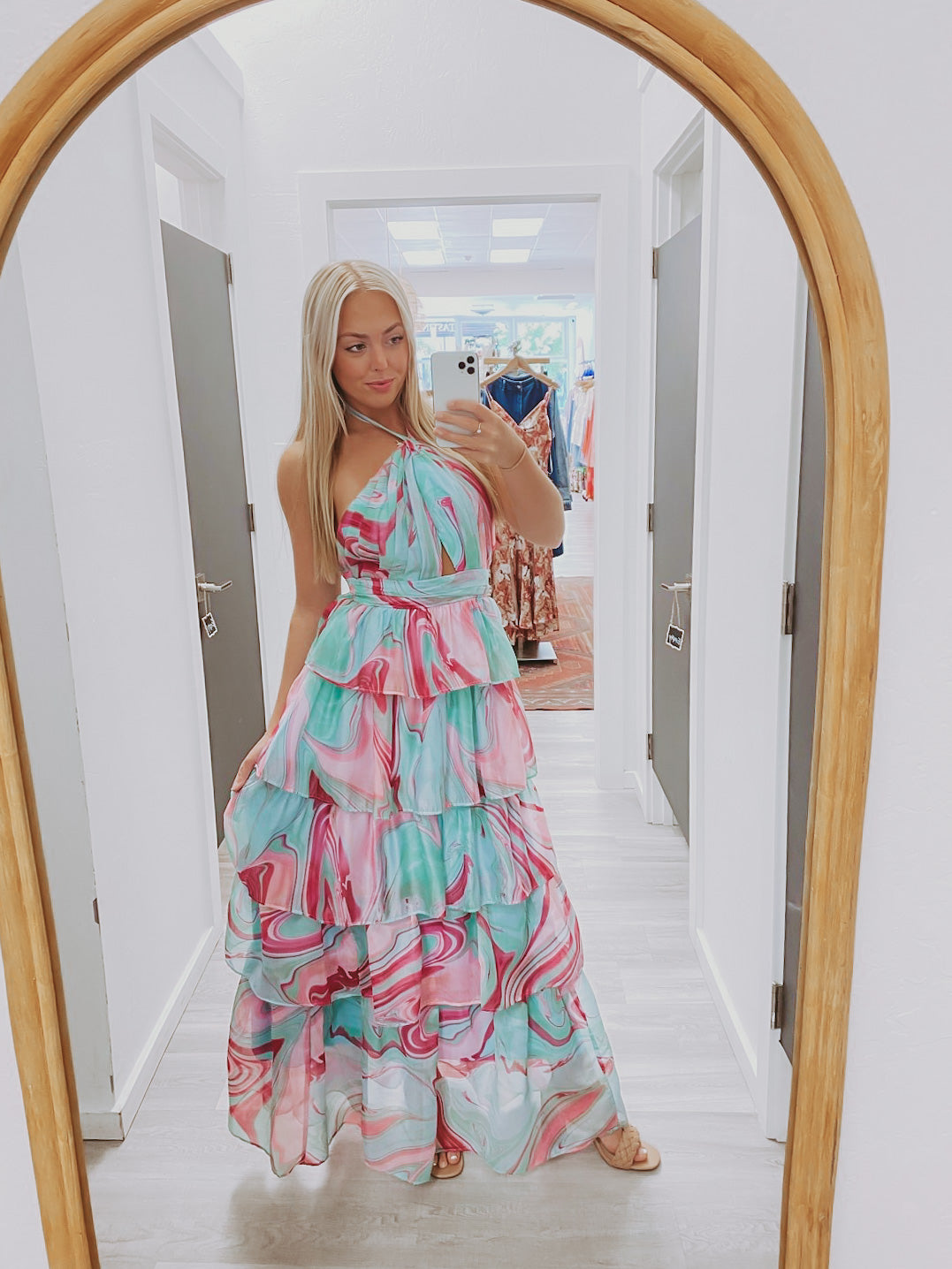The Candy Swirl Green & Pink Tiered Maxi Dress