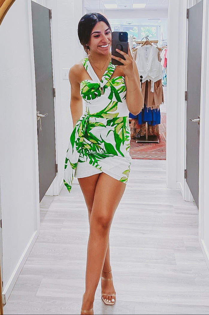 The Margot Palm Printed Halter Neck Mini Dress