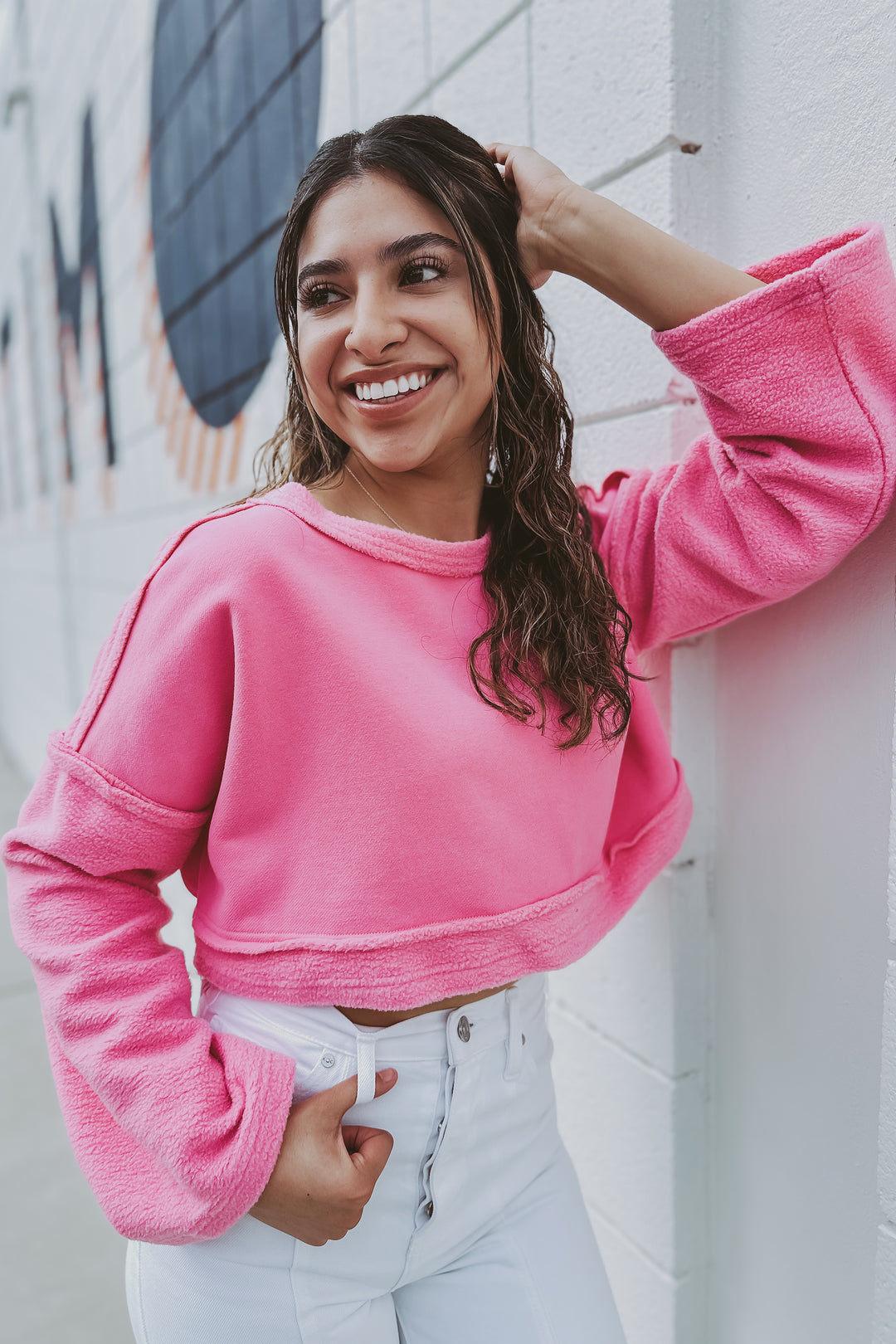 The Hey Barbie Bright Pink French Terry Cropped Pullover