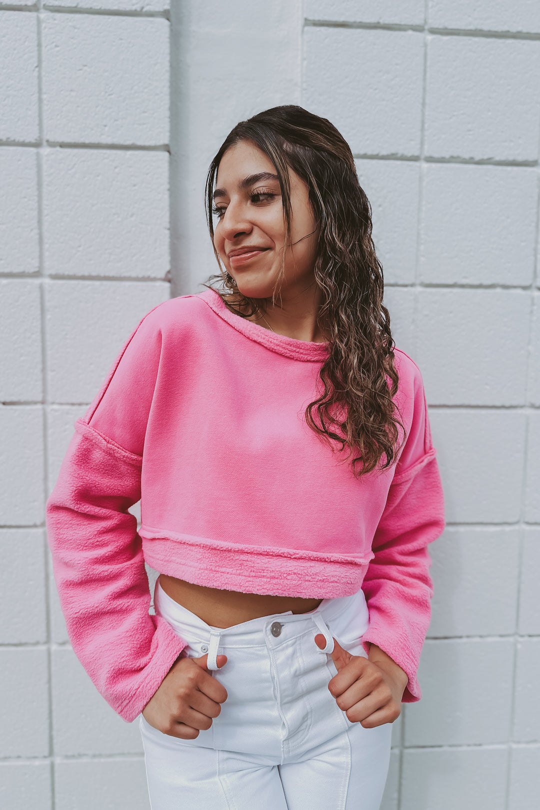 The Hey Barbie Bright Pink French Terry Cropped Pullover