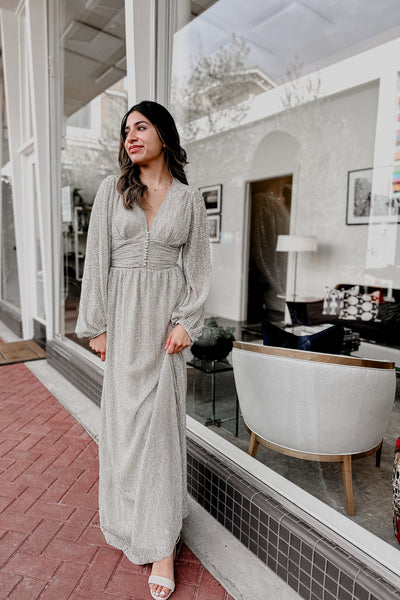 The Ready to Dance White Gold Metllic Maxi Dress