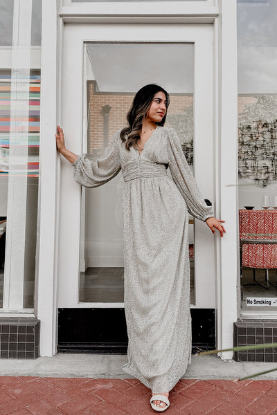 The Ready to Dance White Gold Metllic Maxi Dress