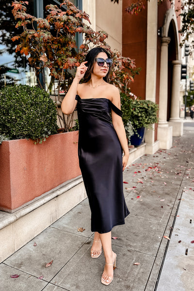 The Cheek to Cheek Black Satin Midi Dress