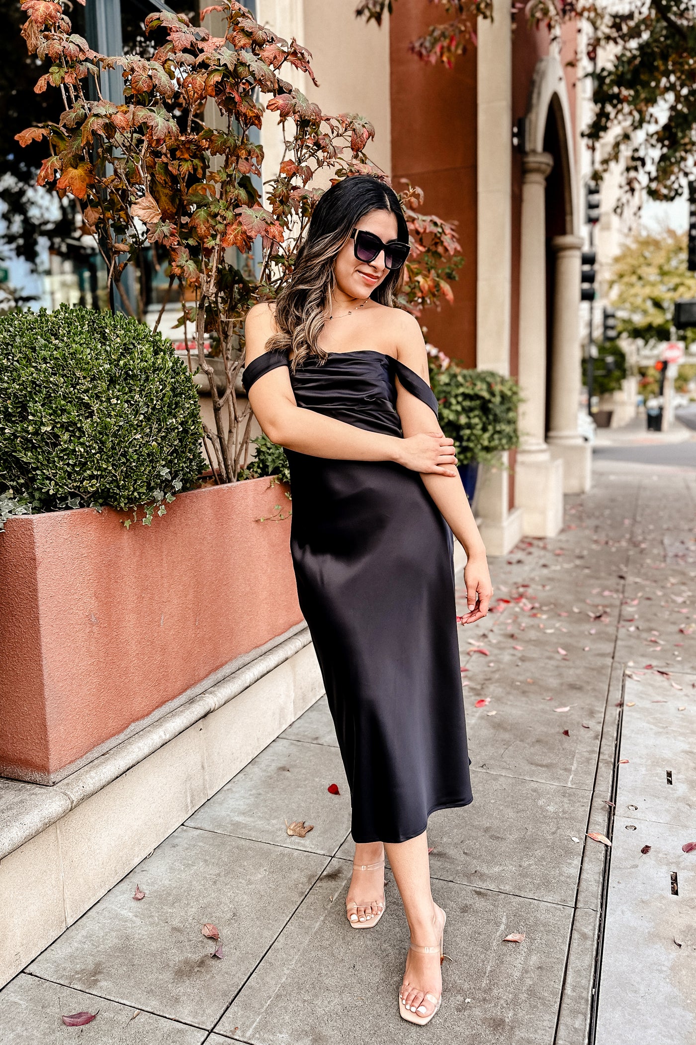 The Cheek to Cheek Black Satin Midi Dress