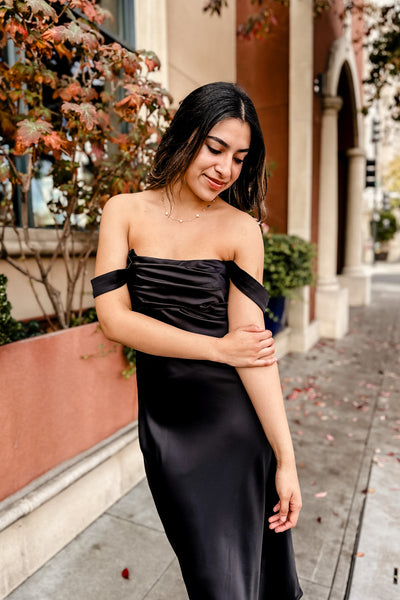 The Cheek to Cheek Black Satin Midi Dress