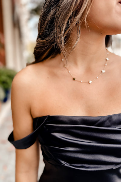 The Cheek to Cheek Black Satin Midi Dress