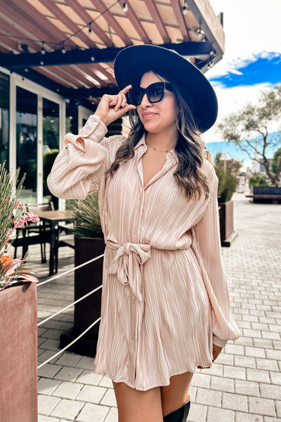 The Blurred Lines Ecru Micro Pleated Mini Dress