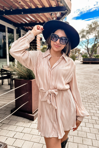 The Blurred Lines Ecru Micro Pleated Mini Dress