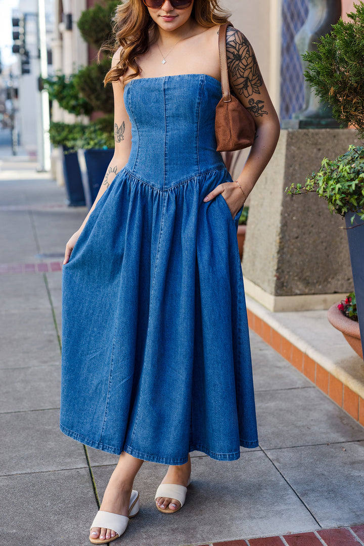 The Nottingham Drop Waist Denim Midi Dress