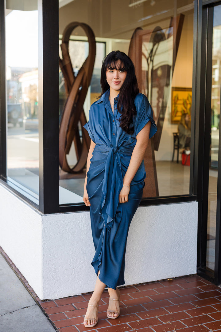 The Meet Me At Midnight Blue Tie Front Midi Dress  Shoppe Miah